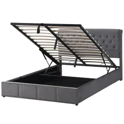 Gutent Lit rembourré 140x190 cm, avec levier hydraulique, lit fonctionnel de rangement, ornementation de rivets, velours, gris* Lit Avec Rangement