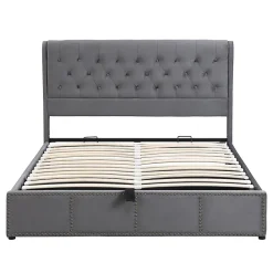 Gutent Lit rembourré 140x190 cm, avec levier hydraulique, lit fonctionnel de rangement, ornementation de rivets, velours, gris* Lit Avec Rangement