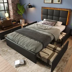 Lit rembourré 90x200 cm avec LED et 4 tiroirs - tête de lit réglable en hauteur - en similicuir noir>ModernLuxe Hot