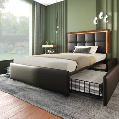 Lit rembourré 90x200 cm avec LED et 4 tiroirs - tête de lit réglable en hauteur - en similicuir noir><noscript><img width=