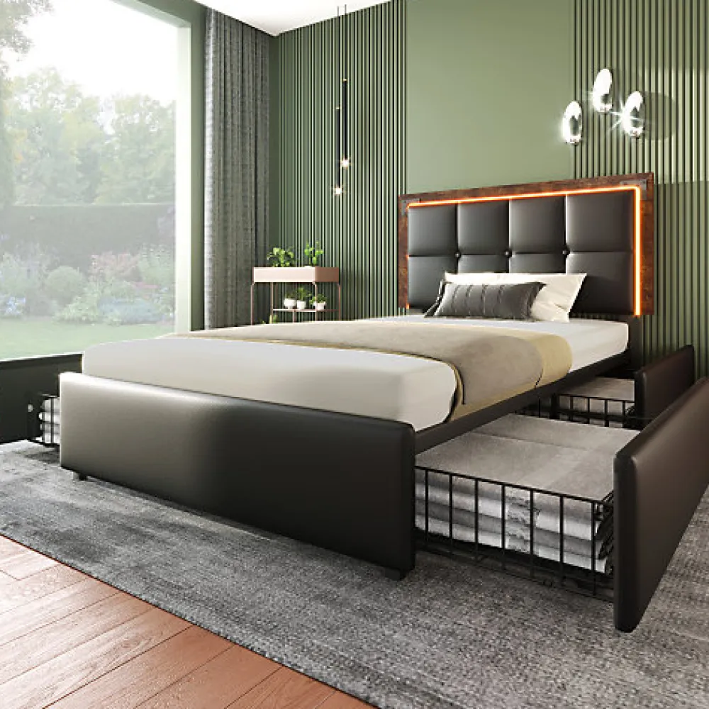 Lit rembourré 90x200 cm avec LED et 4 tiroirs - tête de lit réglable en hauteur - en similicuir noir>ModernLuxe Hot