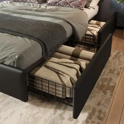 Lit rembourré 90x200 cm avec LED et 4 tiroirs - tête de lit réglable en hauteur - en similicuir noir><noscript><img width=