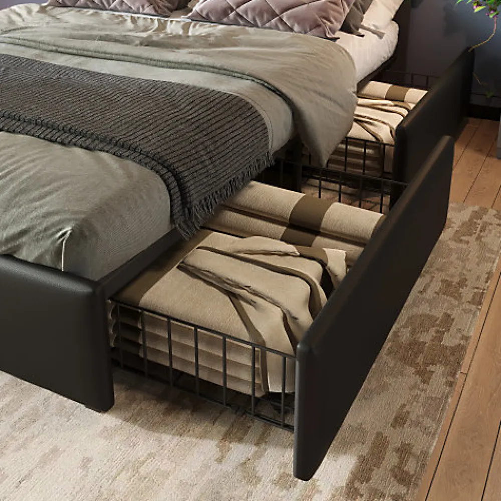 Lit rembourré 90x200 cm avec LED et 4 tiroirs - tête de lit réglable en hauteur - en similicuir noir>ModernLuxe Hot