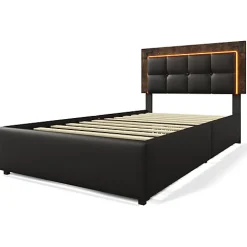 Lit rembourré 90x200 cm avec LED et 4 tiroirs - tête de lit réglable en hauteur - en similicuir noir><noscript><img width=