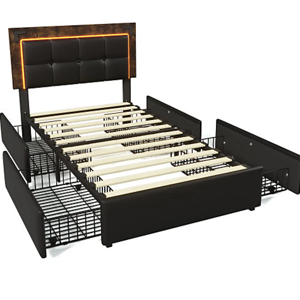 Lit rembourré 90x200 cm avec LED et 4 tiroirs - tête de lit réglable en hauteur - en similicuir noir>ModernLuxe Hot