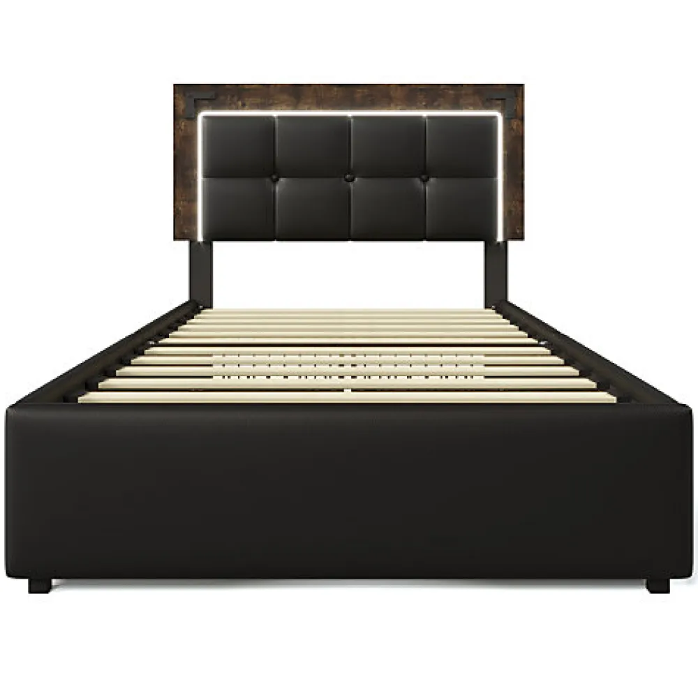 Lit rembourré 90x200 cm avec LED et 4 tiroirs - tête de lit réglable en hauteur - en similicuir noir>ModernLuxe Hot