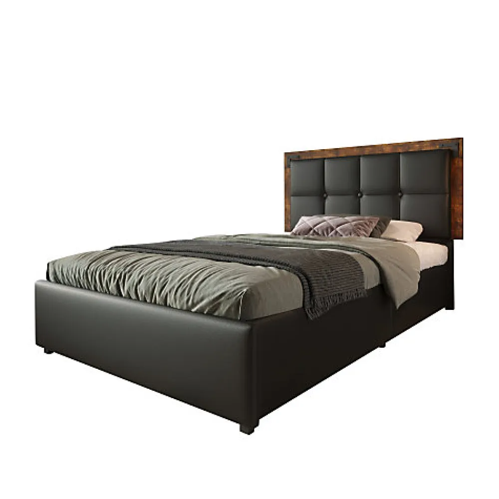 Lit rembourré 90x200 cm avec LED et 4 tiroirs - tête de lit réglable en hauteur - en similicuir noir>ModernLuxe Hot