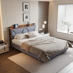 Fortuna lai Lit Rembourré 160x200 Cm Avec Ports USB, Étagères Ouvertes Et Tiroirs Dans La Tête De Lit, Gris* Lit Coffre