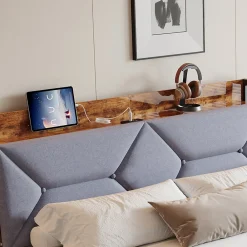Fortuna lai Lit Rembourré 160x200 Cm Avec Ports USB, Étagères Ouvertes Et Tiroirs Dans La Tête De Lit, Gris* Lit Coffre