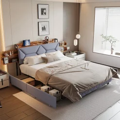Fortuna lai Lit Rembourré 160x200 Cm Avec Ports USB, Étagères Ouvertes Et Tiroirs Dans La Tête De Lit, Gris* Lit Coffre
