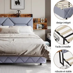 Fortuna lai Lit Rembourré 160x200 Cm Avec Ports USB, Étagères Ouvertes Et Tiroirs Dans La Tête De Lit, Gris* Lit Coffre