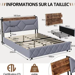 Fortuna lai Lit Rembourré 160x200 Cm Avec Ports USB, Étagères Ouvertes Et Tiroirs Dans La Tête De Lit, Gris* Lit Coffre