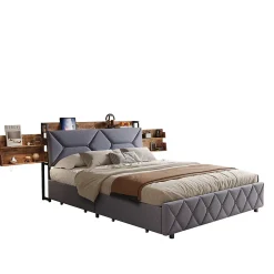 Fortuna lai Lit Rembourré 160x200 Cm Avec Ports USB, Étagères Ouvertes Et Tiroirs Dans La Tête De Lit, Gris* Lit Coffre