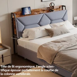 Fortuna lai Lit Rembourré 160x200 Cm Avec Ports USB, Étagères Ouvertes Et Tiroirs Dans La Tête De Lit, Gris* Lit Coffre