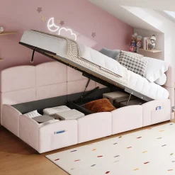 Redom Lit rembourré 90x200 cm avec sommier en velours rose port USB poche de rangement sans matelas* Lit Avec Rangement