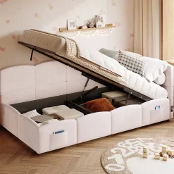 Redom Lit rembourré 90x200 cm avec sommier en velours rose port USB poche de rangement sans matelas* Lit Avec Rangement
