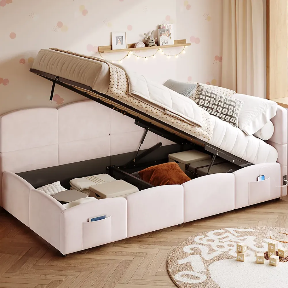Redom Lit rembourré 90x200 cm avec sommier en velours rose port USB poche de rangement sans matelas* Lit Avec Rangement