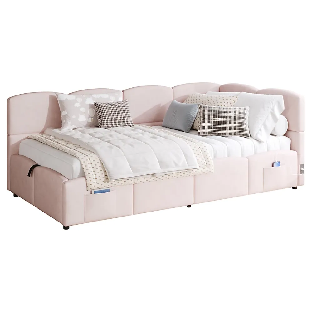 Redom Lit rembourré 90x200 cm avec sommier en velours rose port USB poche de rangement sans matelas* Lit Avec Rangement
