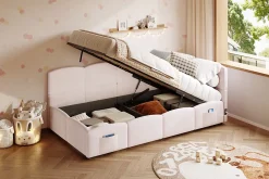 Redom Lit rembourré 90x200 cm avec sommier en velours rose port USB poche de rangement sans matelas* Lit Avec Rangement