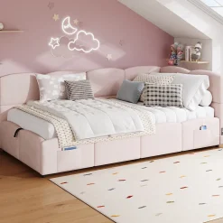 Redom Lit rembourré 90x200 cm avec sommier en velours rose port USB poche de rangement sans matelas* Lit Avec Rangement