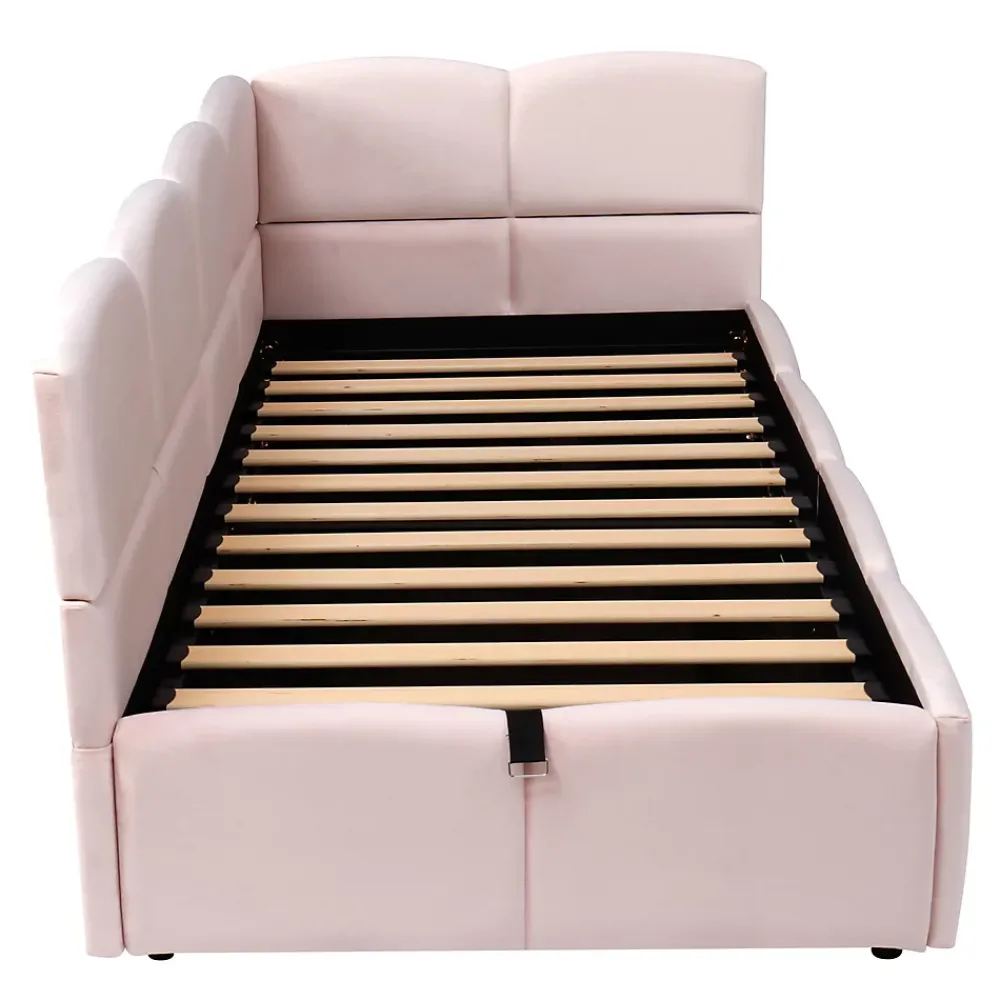 Redom Lit rembourré 90x200 cm avec sommier en velours rose port USB poche de rangement sans matelas* Lit Avec Rangement