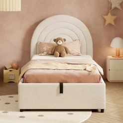 Redom Lit rembourré 90x200 cm avec sommier tissu bouclette beige lattes en bois montage facile pour jeunes et adultes* Lit Avec Rangement