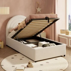 Redom Lit rembourré 90x200 cm avec sommier tissu bouclette beige lattes en bois montage facile pour jeunes et adultes* Lit Avec Rangement