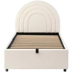 Redom Lit rembourré 90x200 cm avec sommier tissu bouclette beige lattes en bois montage facile pour jeunes et adultes* Lit Avec Rangement