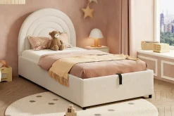 Redom Lit rembourré 90x200 cm avec sommier tissu bouclette beige lattes en bois montage facile pour jeunes et adultes* Lit Avec Rangement