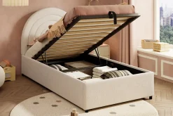 Redom Lit rembourré 90x200 cm avec sommier tissu bouclette beige lattes en bois montage facile pour jeunes et adultes* Lit Avec Rangement
