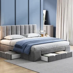 Lit rembourré 160x200 cm, avec sommier à lattes,dossier et 4 tiroirs, velours, gris>Gutent Discount