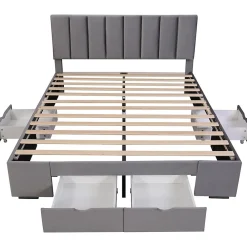 Lit rembourré 160x200 cm, avec sommier à lattes,dossier et 4 tiroirs, velours, gris><noscript><img width=