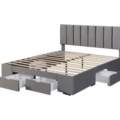 Lit rembourré 160x200 cm, avec sommier à lattes,dossier et 4 tiroirs, velours, gris><noscript><img width=