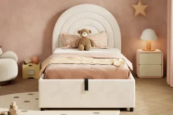 Lit rembourré 90x200 cm avec sommier et tête de lit en velours beige lattes en bois montage facile pour jeunes et adultes><noscript><img width=