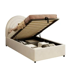 Lit rembourré 90x200 cm avec sommier et tête de lit en velours beige lattes en bois montage facile pour jeunes et adultes><noscript><img width=
