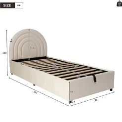 Lit rembourré 90x200 cm avec sommier et tête de lit en velours beige lattes en bois montage facile pour jeunes et adultes><noscript><img width=