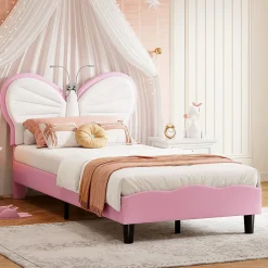 Lit Rembourré 90x200 cm, Cadre de lit Simple avec sommier à Lattes, Cadre de lit pour Enfants, Adolescents, Adultes, Velours, Pink><noscript><img width=