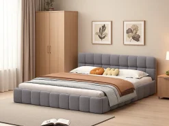 ProximaX Lit rembourré 160x200 cm en lin, dossier moelleux, cadre rembourré, sommier à lattes inclus, lit double/jeune, Gris* Lit Coffre