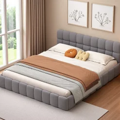 ProximaX Lit rembourré 160x200 cm en lin, dossier moelleux, cadre rembourré, sommier à lattes inclus, lit double/jeune, Gris* Lit Coffre