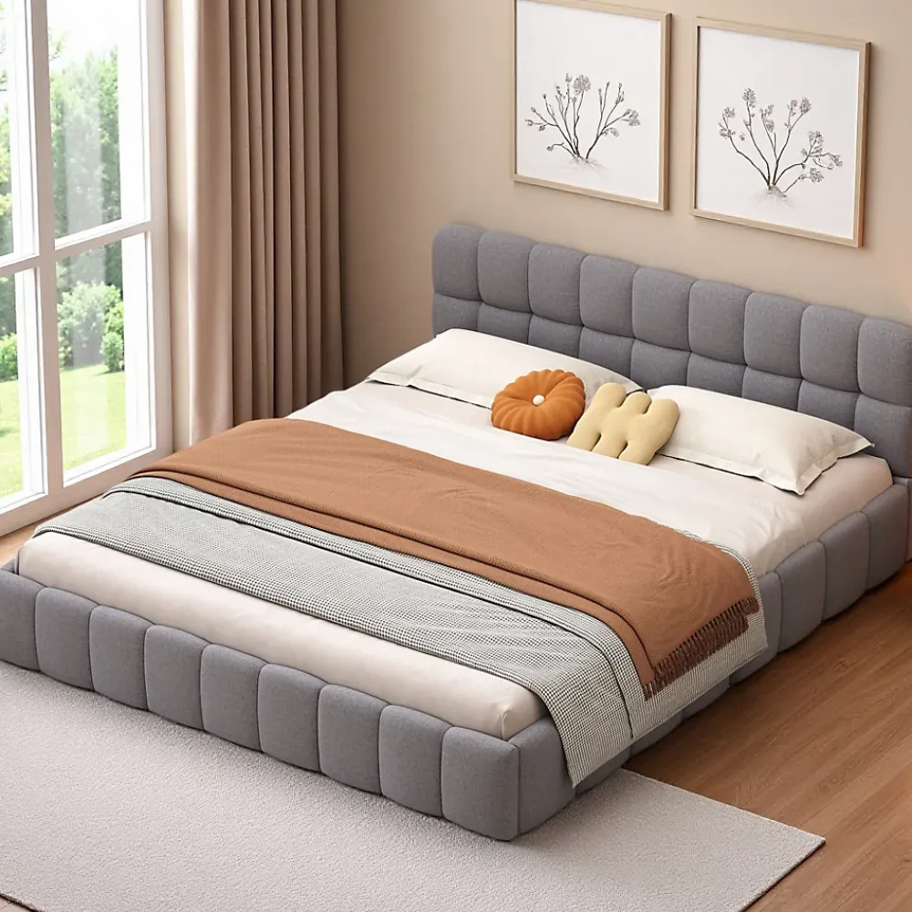 ProximaX Lit rembourré 160x200 cm en lin, dossier moelleux, cadre rembourré, sommier à lattes inclus, lit double/jeune, Gris* Lit Coffre