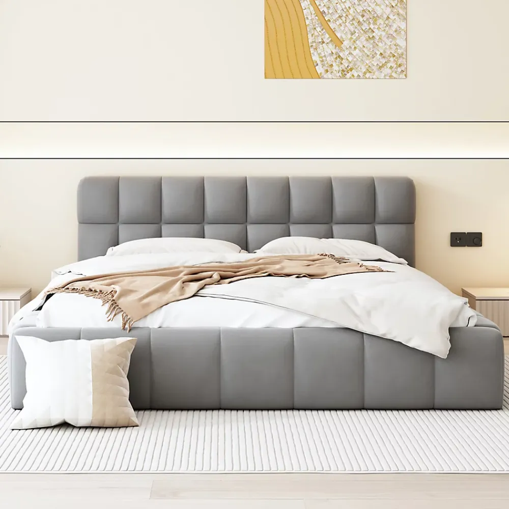 ProximaX Lit rembourré 160x200 cm en lin, dossier moelleux, cadre rembourré, sommier à lattes inclus, lit double/jeune, Gris* Lit Coffre