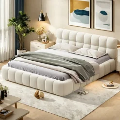Lit rembourré 140x200 cm en lin avec dossier moelleux, bordure rembourrée et sommier à lattes, Lit double, Beige>ProximaX