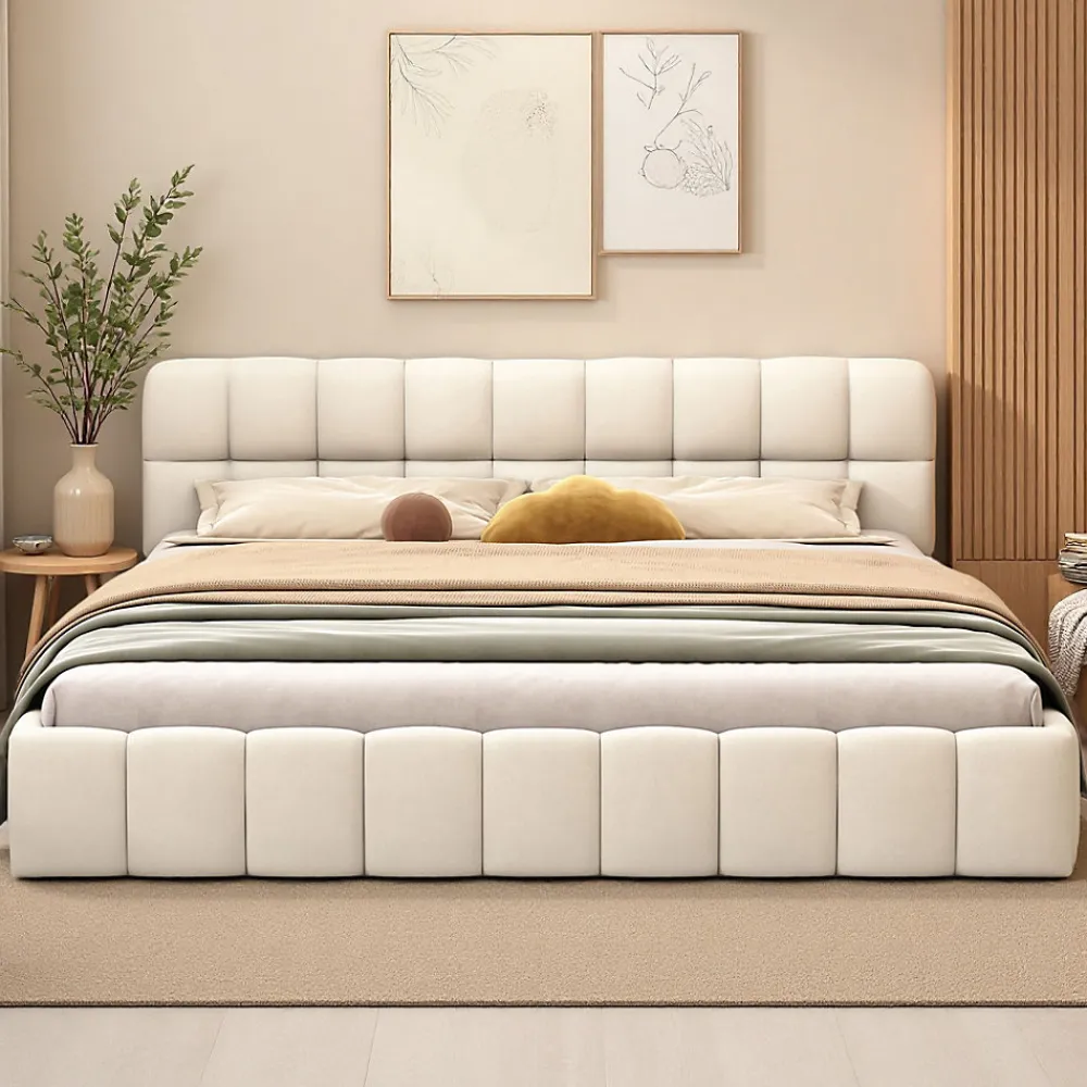 Lit rembourré 140x200 cm en lin avec dossier moelleux, bordure rembourrée et sommier à lattes, Lit double, Beige>ProximaX Discount
