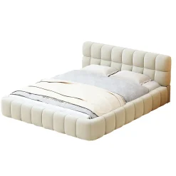 Lit rembourré 140x200 cm en lin avec dossier moelleux, bordure rembourrée et sommier à lattes, Lit double, Beige><noscript><img width=