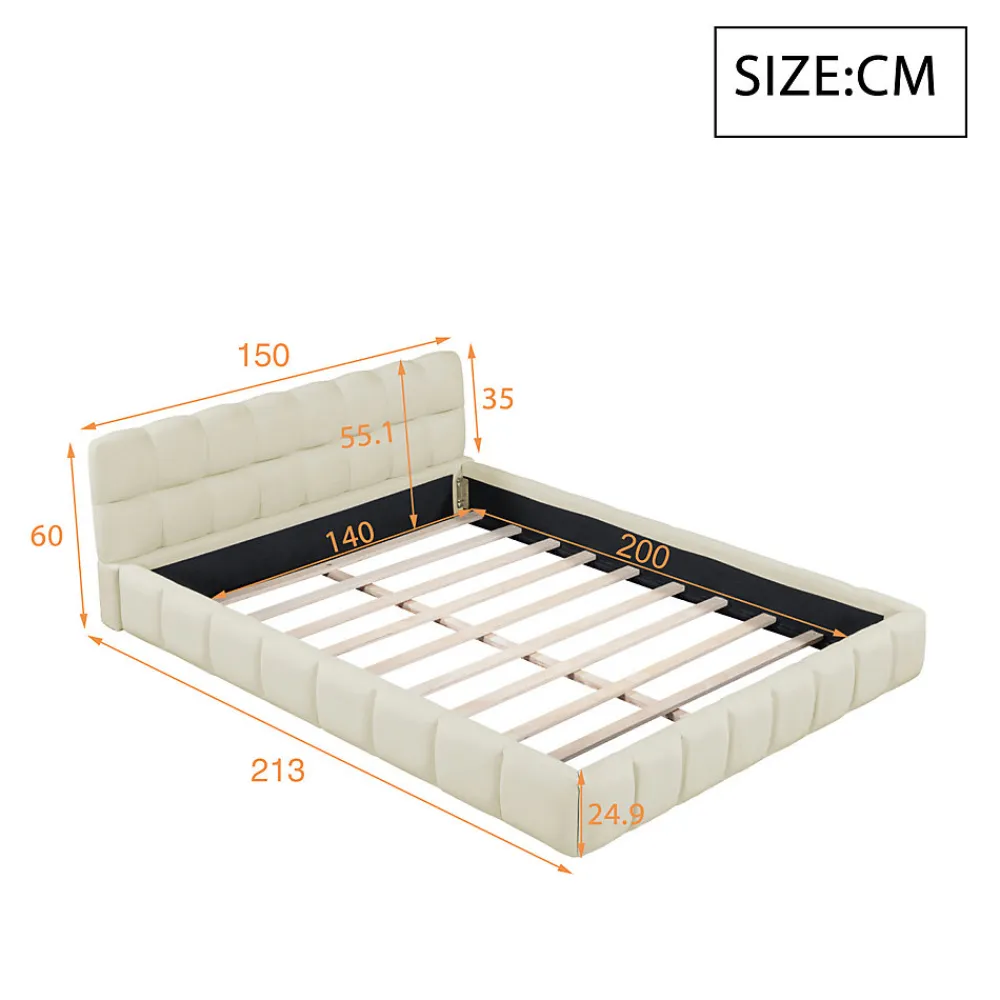 Lit rembourré 140x200 cm en lin avec dossier moelleux, bordure rembourrée et sommier à lattes, Lit double, Beige>ProximaX Discount