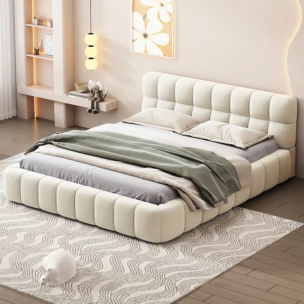Lit rembourré 140x200 cm en lin avec dossier moelleux, bordure rembourrée et sommier à lattes, Lit double, Beige>ProximaX Discount