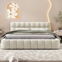 Lit rembourré 140x200 cm en lin avec dossier moelleux, bordure rembourrée et sommier à lattes, Lit double, Beige><noscript><img width=