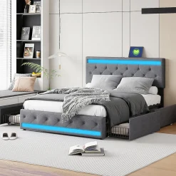 Lit rembourré 140x190 cm, LED, 4 tiroirs, USB, coffre en lin, sommier bois -Gris>Simple Life Discount