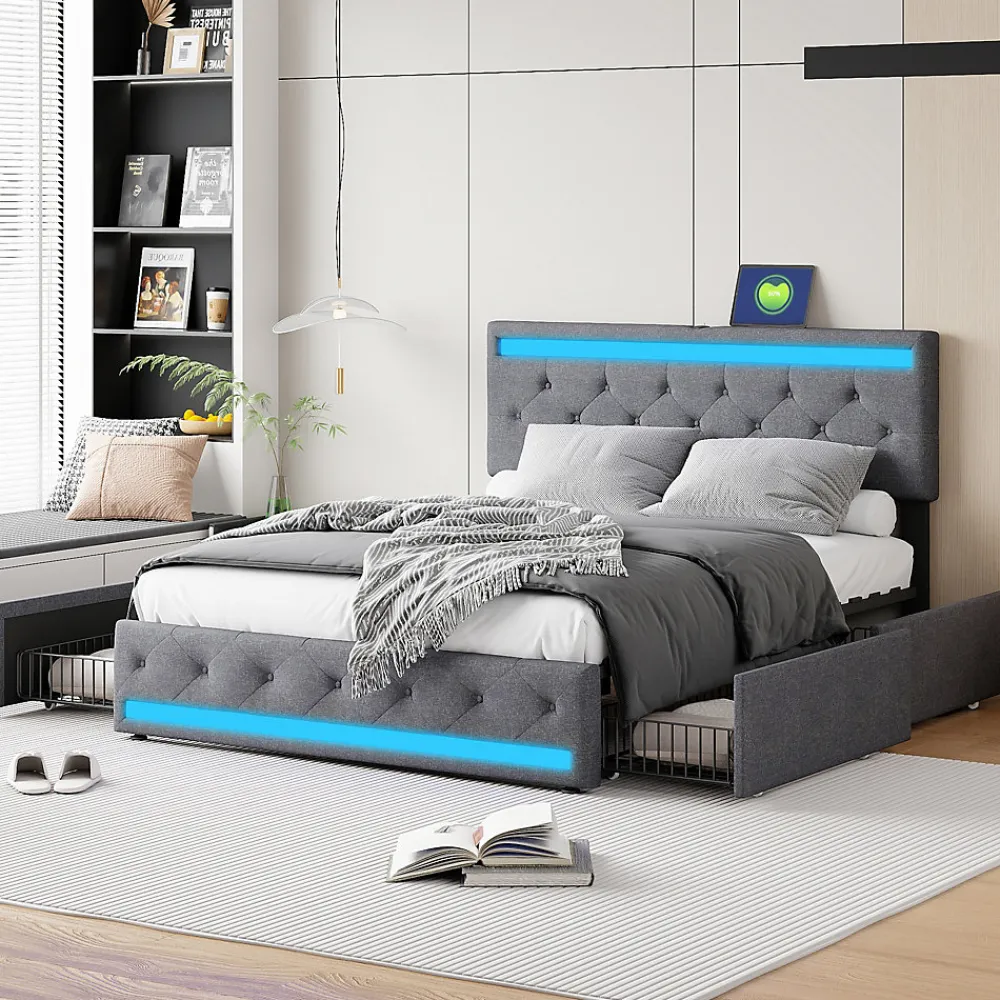 Lit rembourré 140x190 cm, LED, 4 tiroirs, USB, coffre en lin, sommier bois -Gris>Simple Life Discount