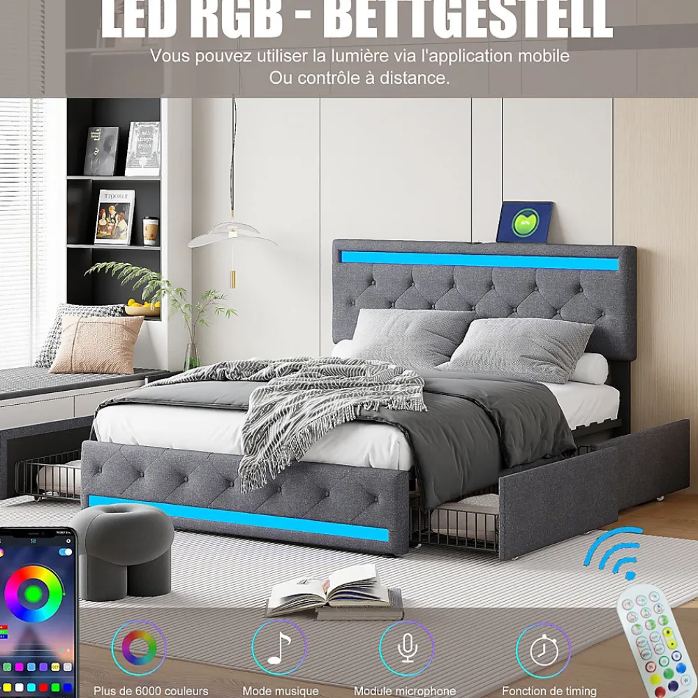 Lit rembourré 140x190 cm, LED, 4 tiroirs, USB, coffre en lin, sommier bois -Gris>Simple Life Discount